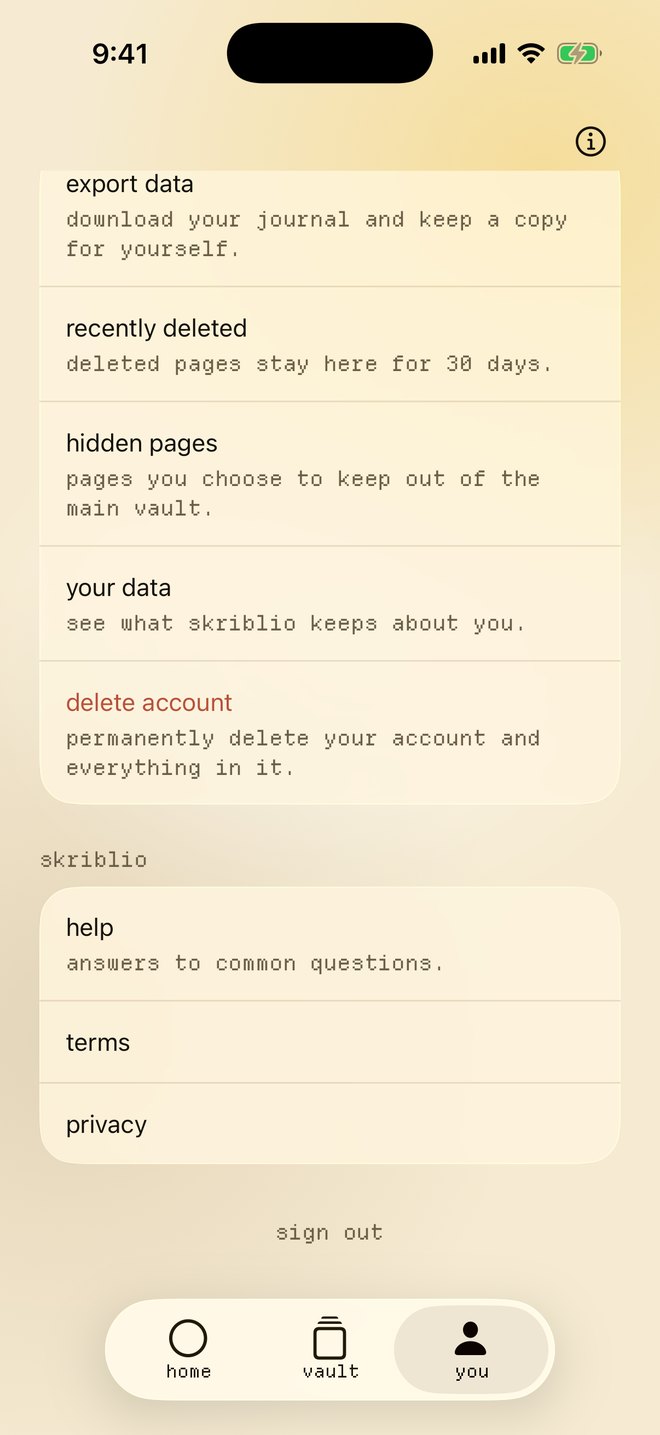 the you screen, with export data, hidden pages, your data and delete account