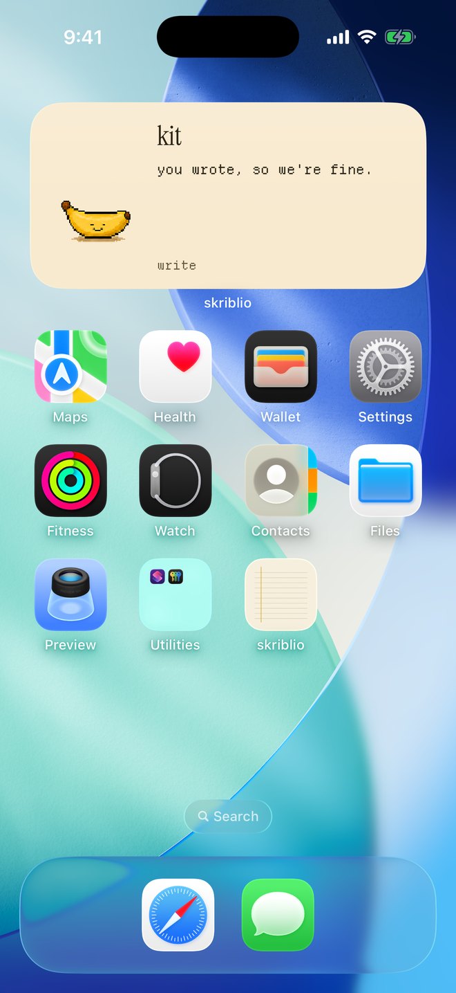 the skriblio widget on an iphone home screen, showing the banana and one line